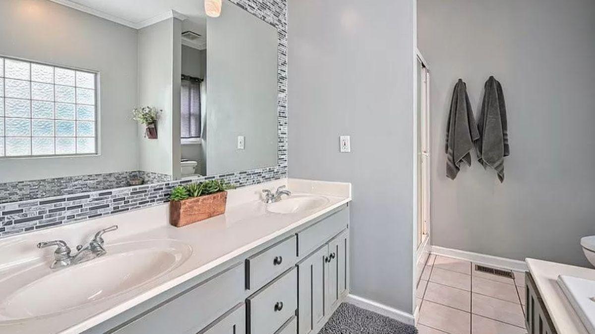Modern Bathroom Dual Vanity with Tile Backsplash