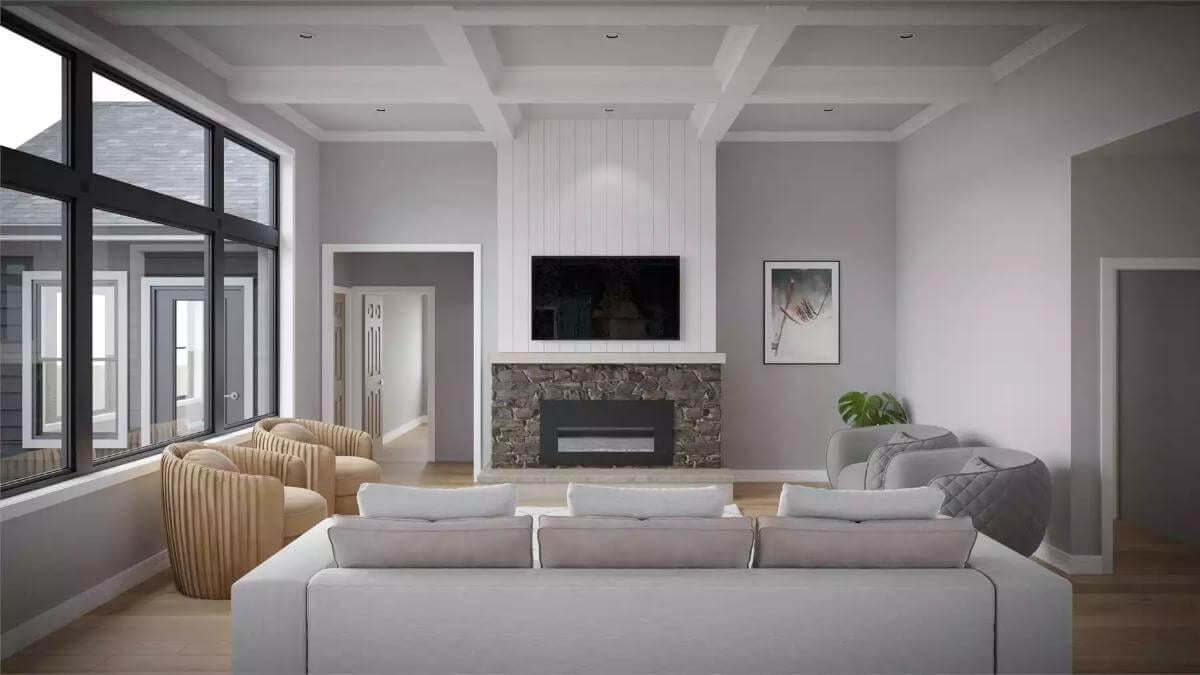 Discover the Stone-Accented Fireplace in This Spacious Family Room