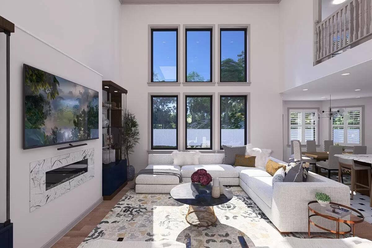 Take In the Soaring Ceiling and Expansive Windows in This Living Room