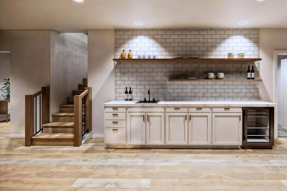 Spot the Sleek Wet Bar with Floating Shelves in This Chic Space