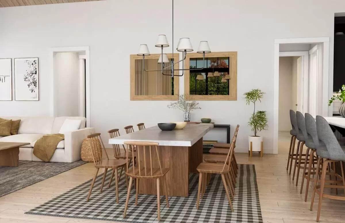 A Modern Dining Room with a Checkerboard Rug and Natural Accents