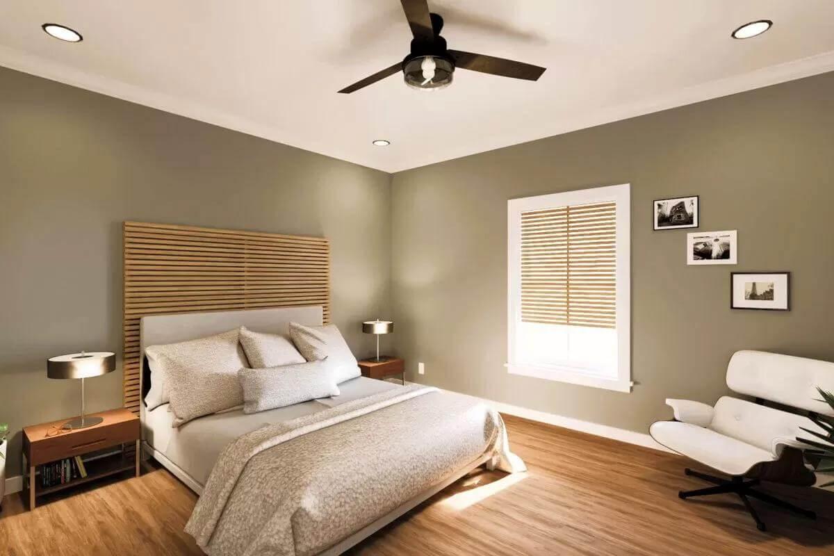 Tranquil Bedroom with Wooden Accents and Mid-Century Vibes