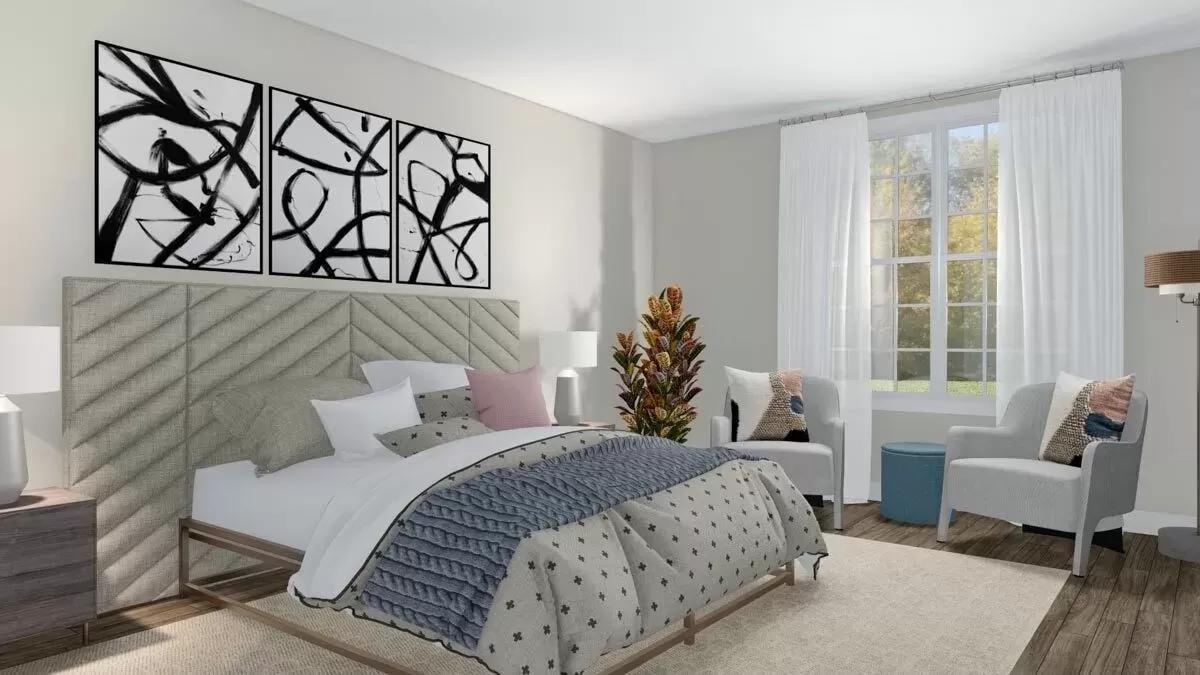 Modern Bedroom with Abstract Art and Plush Accents