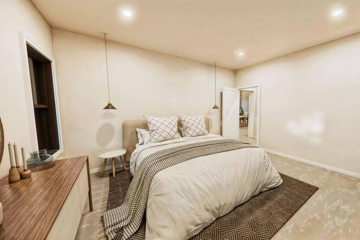 Relax in This Minimalist Bedroom with Hanging Pendant Lights