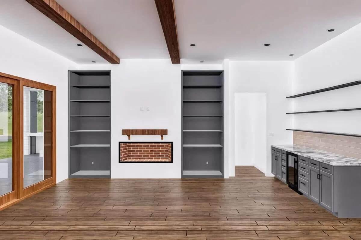 Explore the Built-In Shelving and Brick Accent in This Modern Space