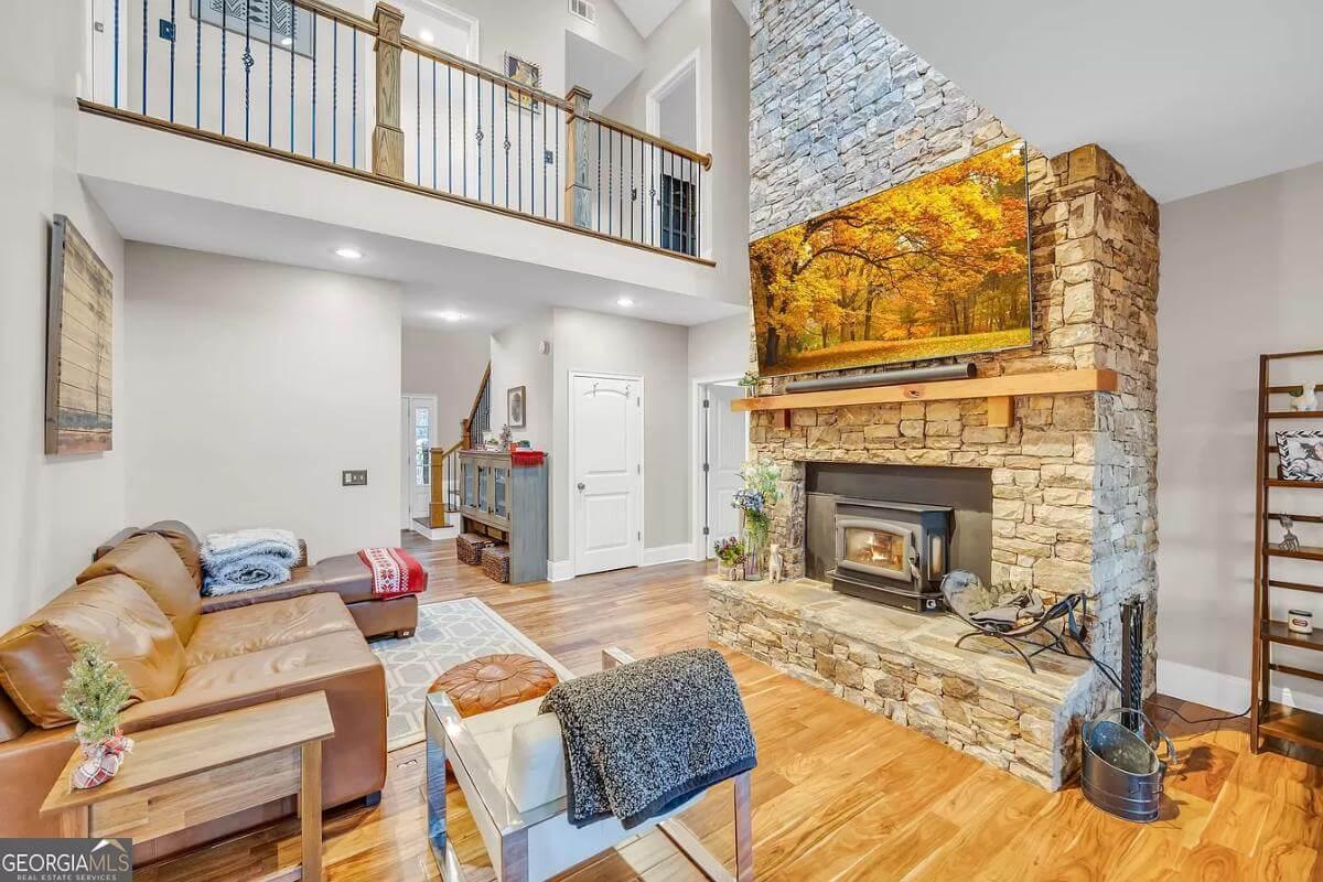 Warm Up in This Craftsman Living Room with a Stone Fireplace