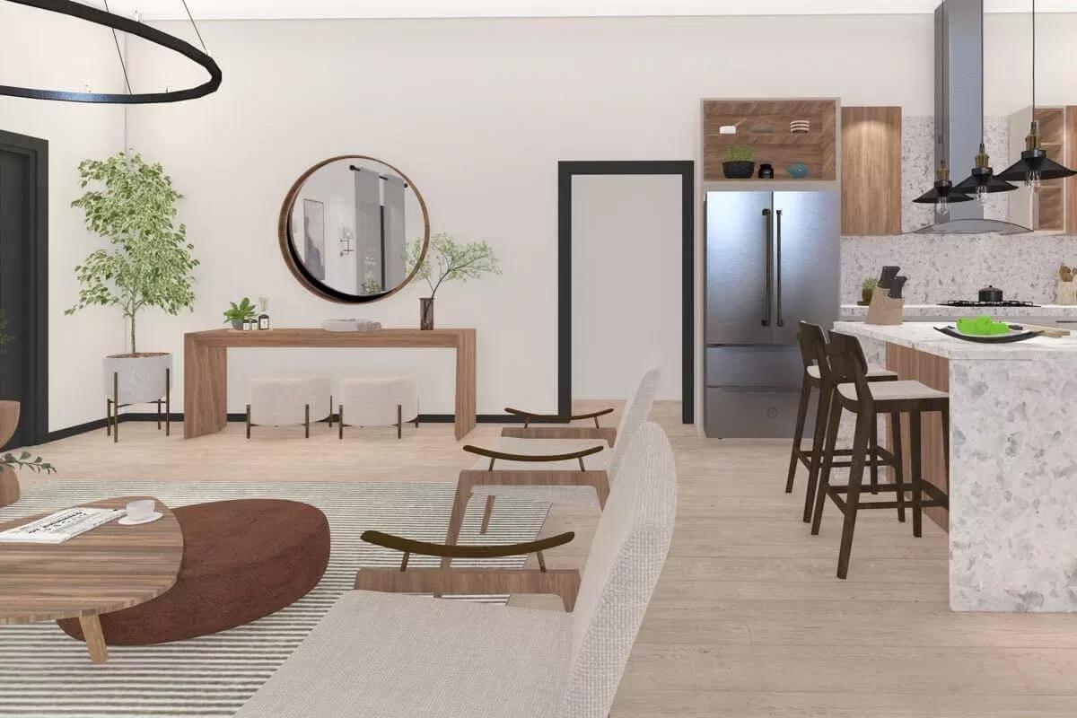 The Round Mirror Adds Depth to This Open Layout Living Space