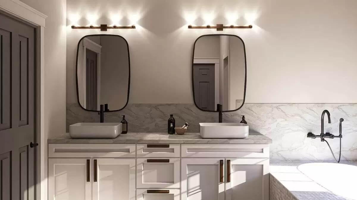 Double Vanity Delight with Marble Accents and Soft Lighting