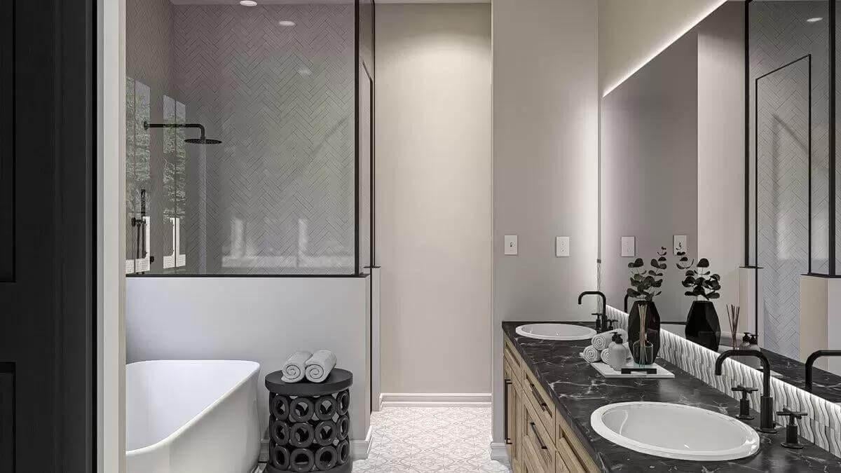 Wow, Look at This Freestanding Tub and Herringbone Tile Shower