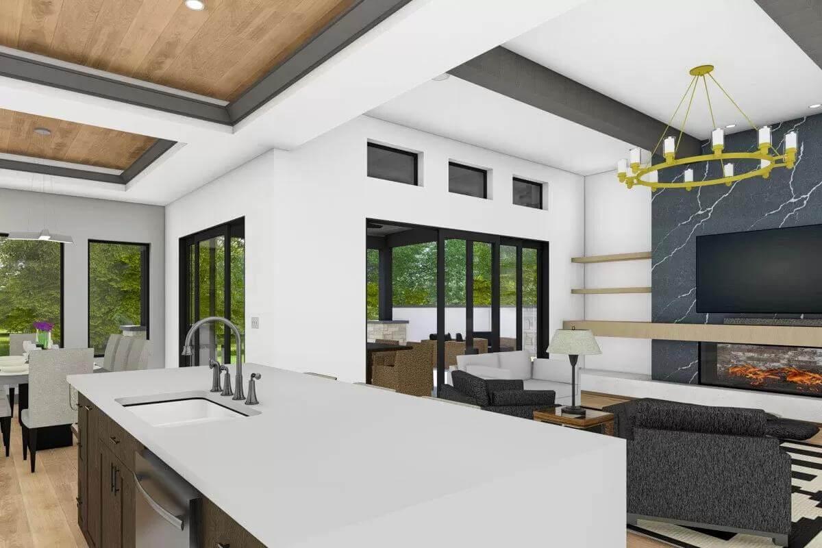Check Out the Bold Chandelier and Dramatic Fireplace in This Living Room
