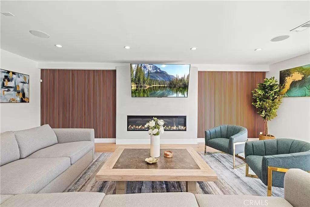 Modern Gathering Space with a Unique Slatted Backdrop