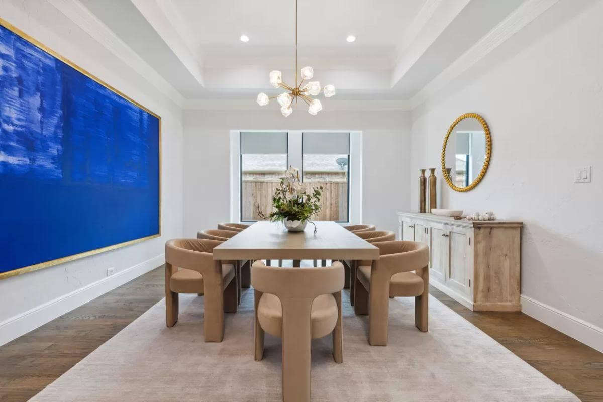 Modern Dining Room with Captivating Blue Art and Unique Seating