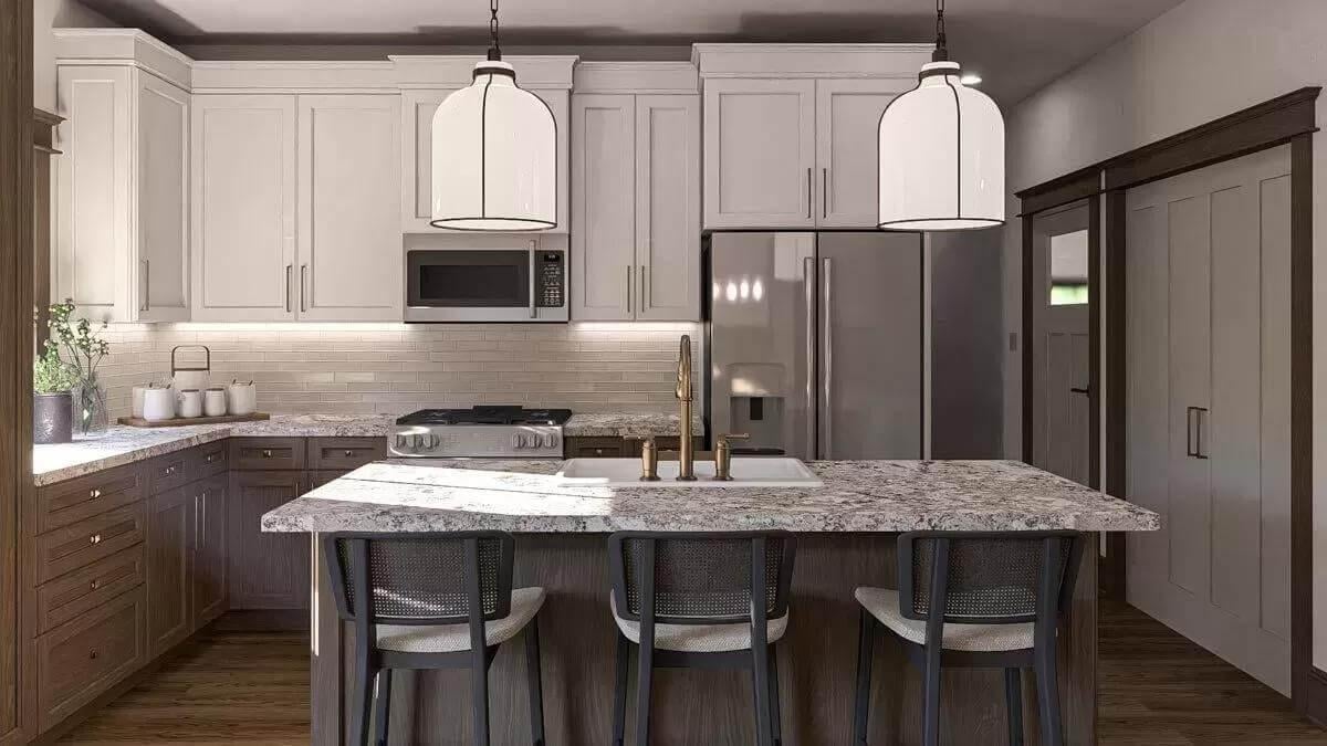 Craftsman Kitchen with a Striking Granite-Topped Island