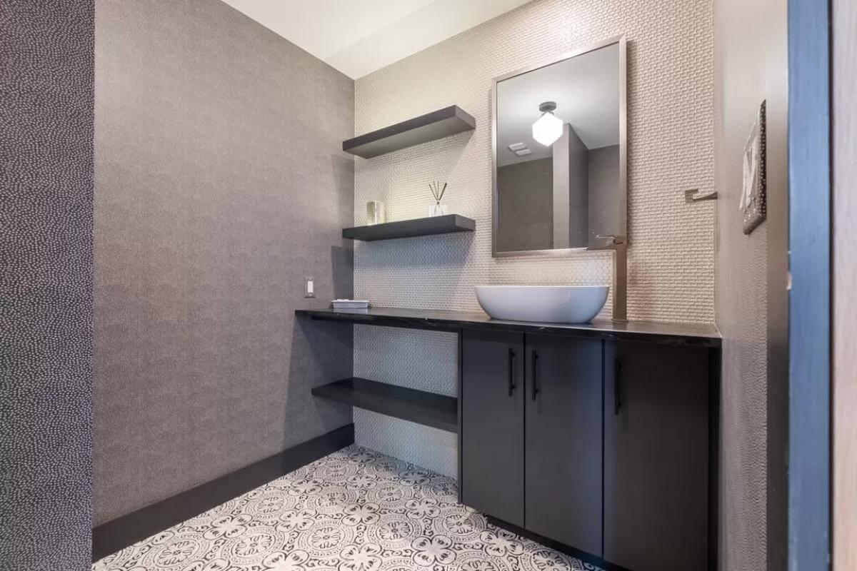 Explore This Modern Powder Room with Floating Shelves