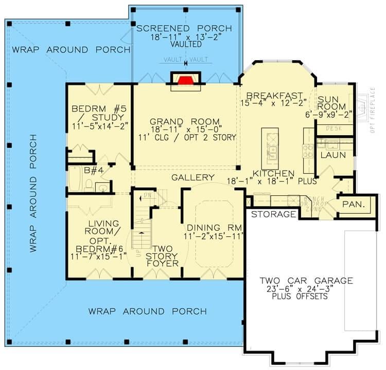 Explore This Main Floor Plan with Wrap-Around Porch and Vaulted Screened Area