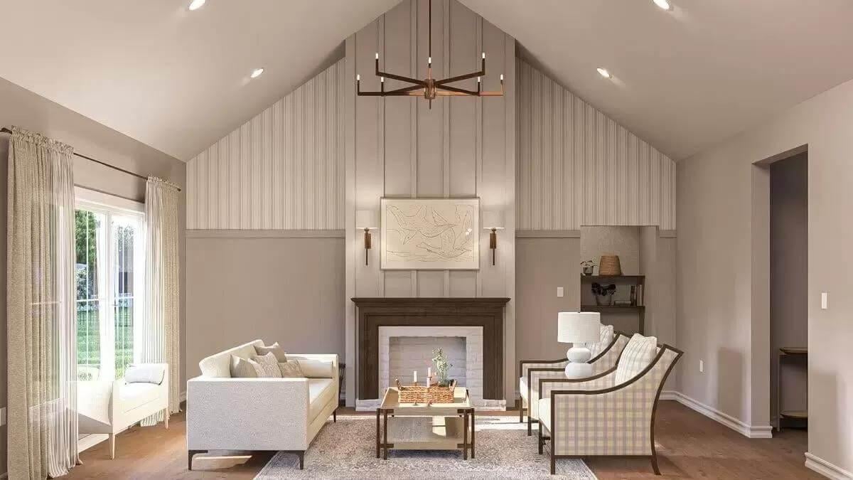 Look at the Vaulted Ceilings in This Elegant Craftsman Living Room with a Central Fireplace