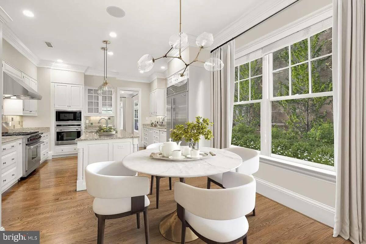 Chic Kitchen Dining with a Stunning Pendant Light Over a Marble Table