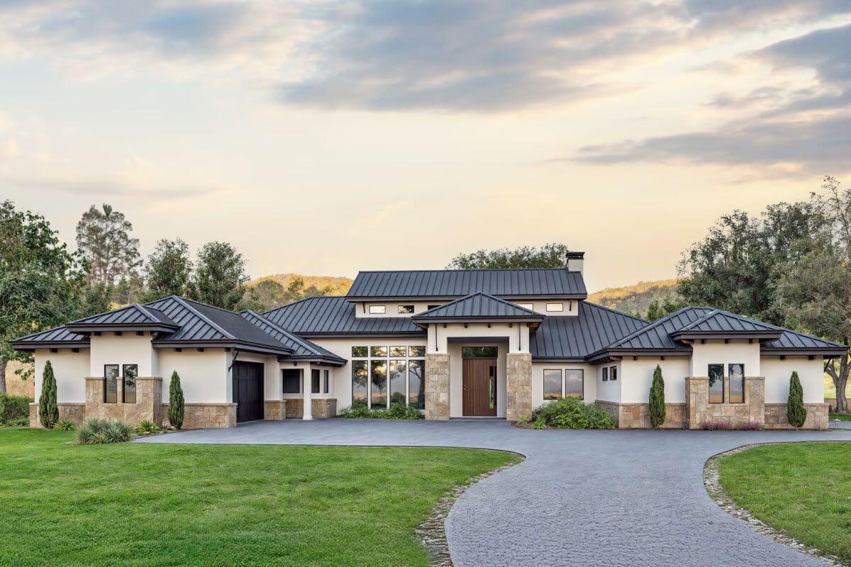 Modern Elegance with Stone Accents and Sleek Rooflines