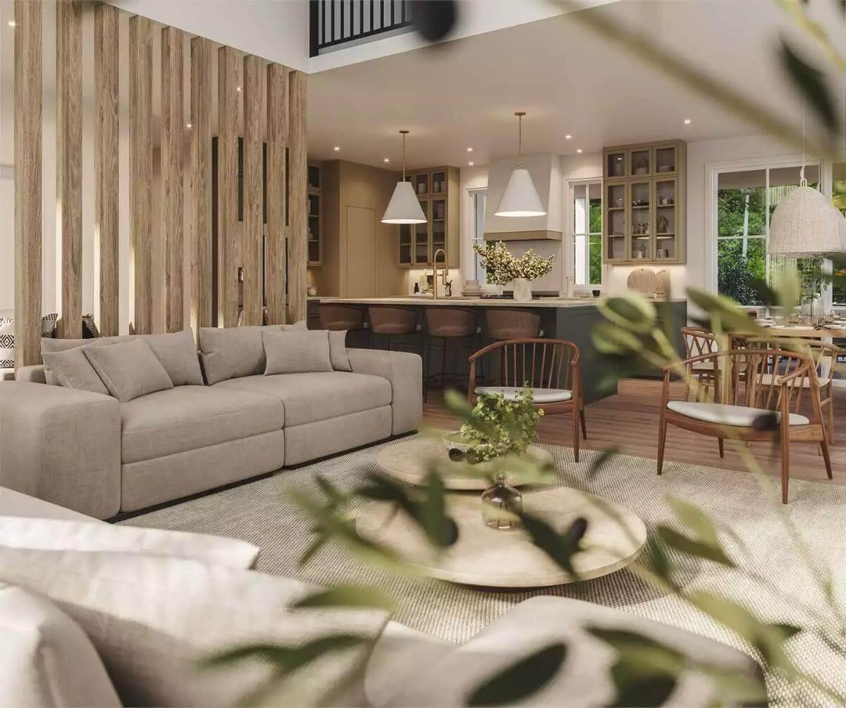 Spacious Open Living Area with Eye-Catching Wood Slats