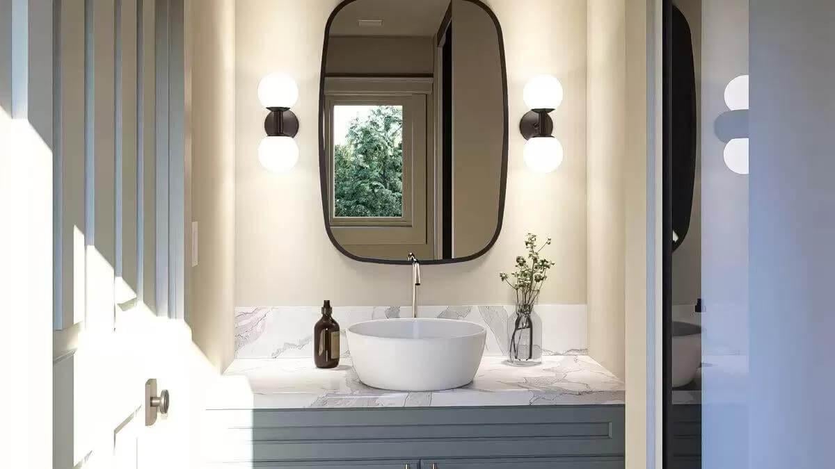 Elegant Bathroom Vanity with Marble Accents and a Stylish Oval Mirror