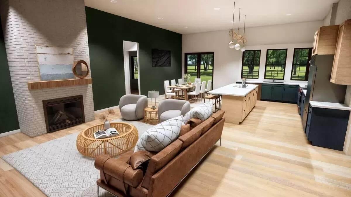 Warm Living Space with a Striking Brick Fireplace and Layered Textures