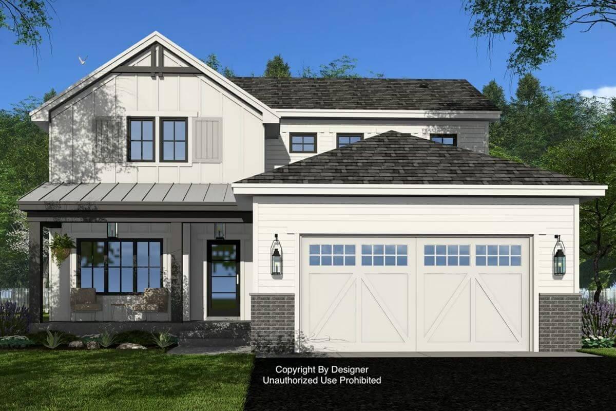 Classic Farmhouse with Charming Front Porch and Twin Garage Doors
