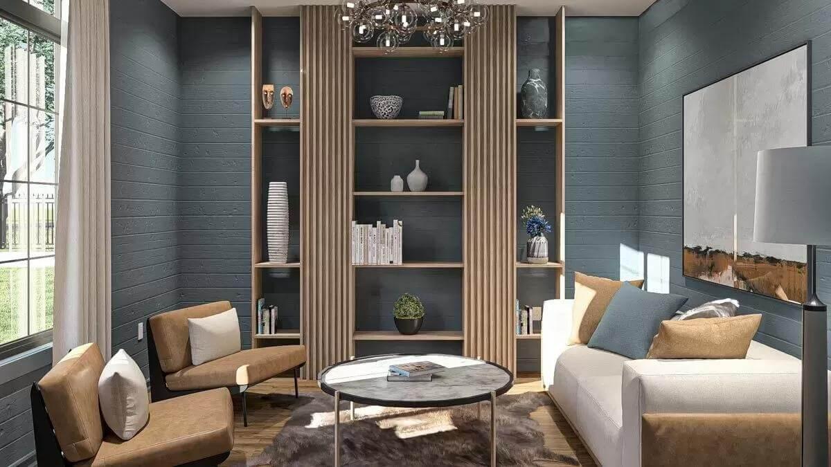 Notice the Integrated Bookshelves and Textured Walls in This Cozy Nook