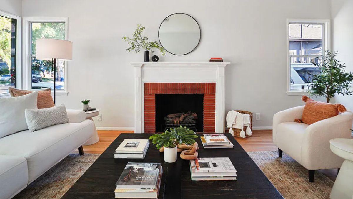 Relax in This Living Room Centered Around a Bold Brick Fireplace