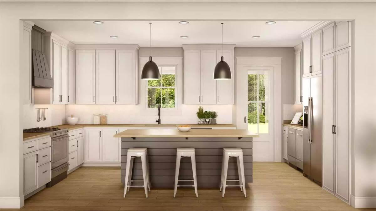 Contemporary Kitchen with A Striking Island and Clean White Cabinetry