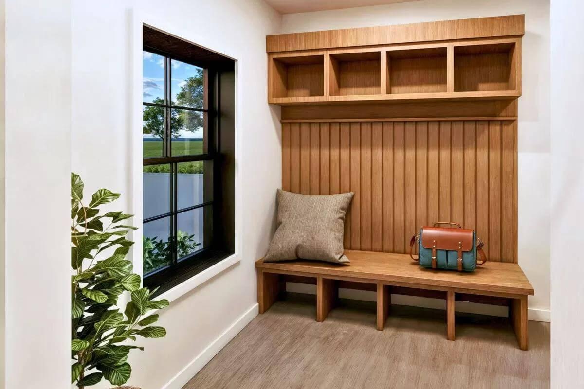 Spotlight on the Sleek Wooden Bench and Storage in This Mudroom