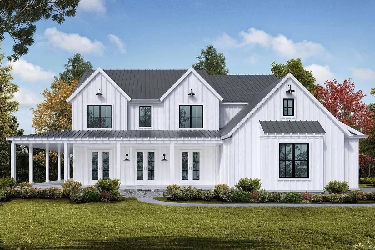 Modern Farmhouse with Striking Metal Roof and Symmetrical Design