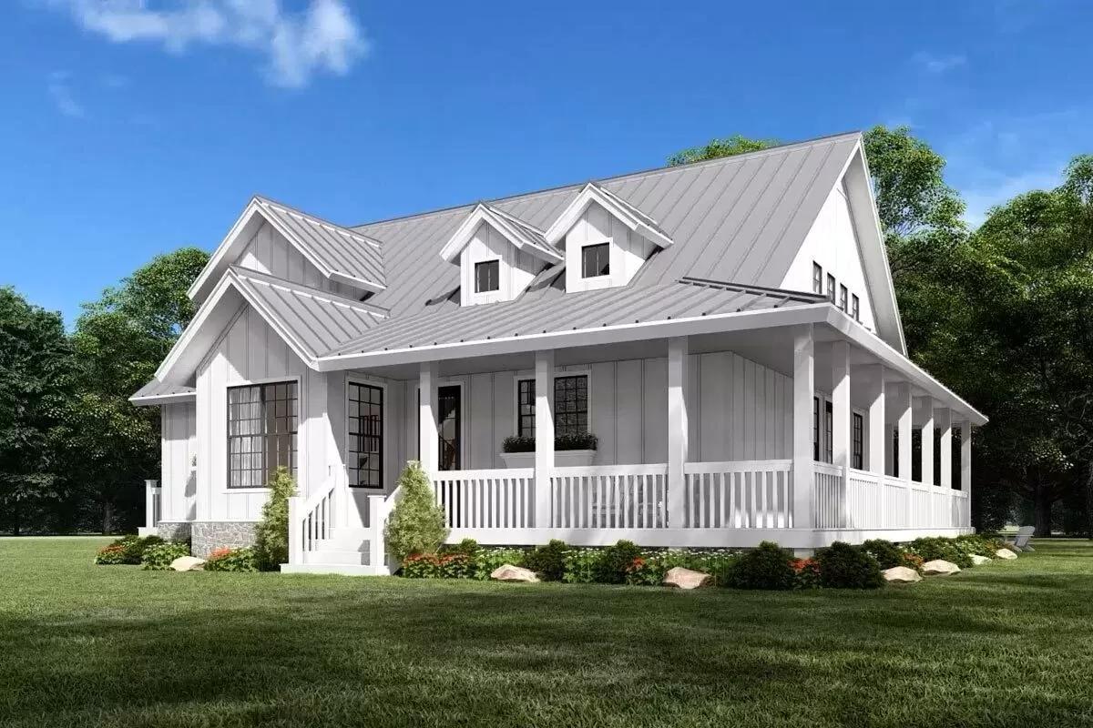 Crisp White Exterior with a Standing-Seam Metal Roof and Wraparound Porch