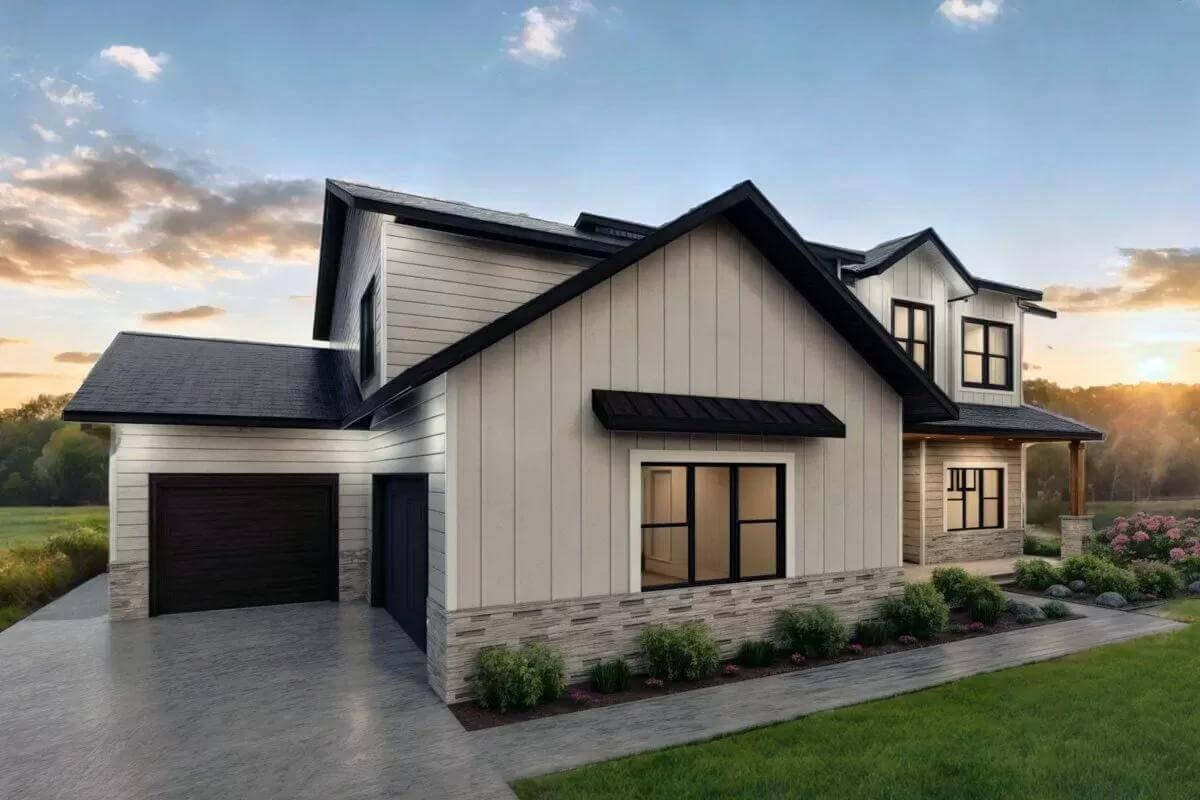 Admire the Crisp Contrast of Black Accents Against this Craftsman Facade