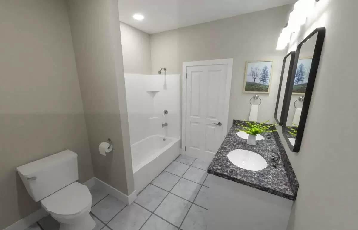 Double Vanity with Granite Elegance in a Streamlined Bathroom