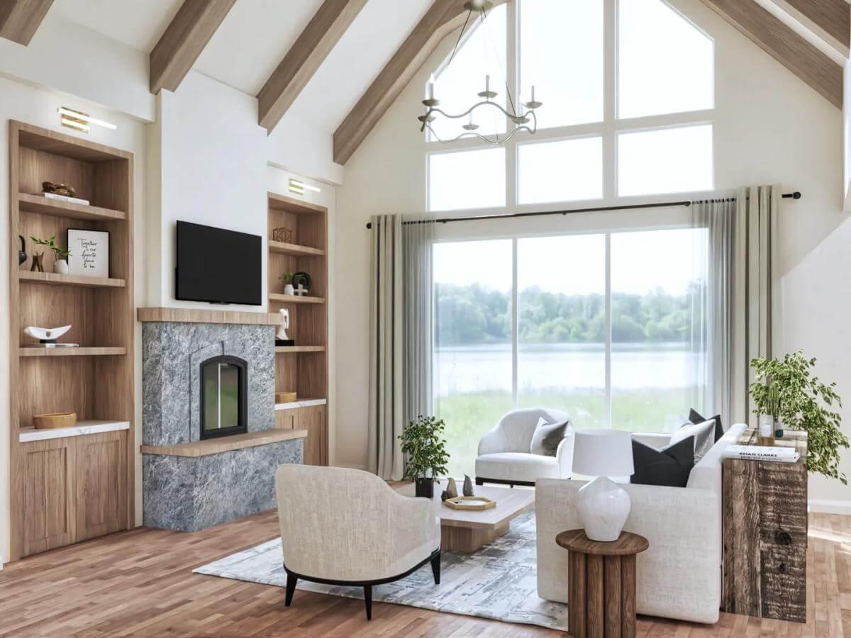 Admire the Vaulted Ceiling and Stone Fireplace in This Craftsman Living Room