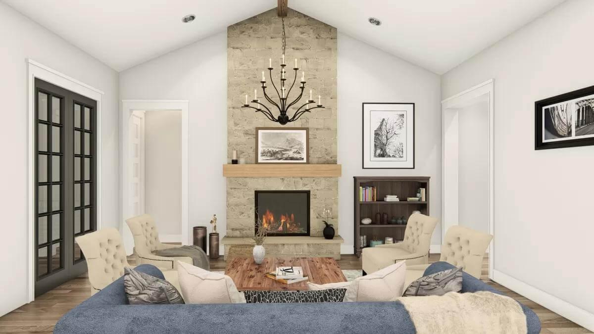 Spacious Family Room with Cathedral Ceiling and Stone Fireplace