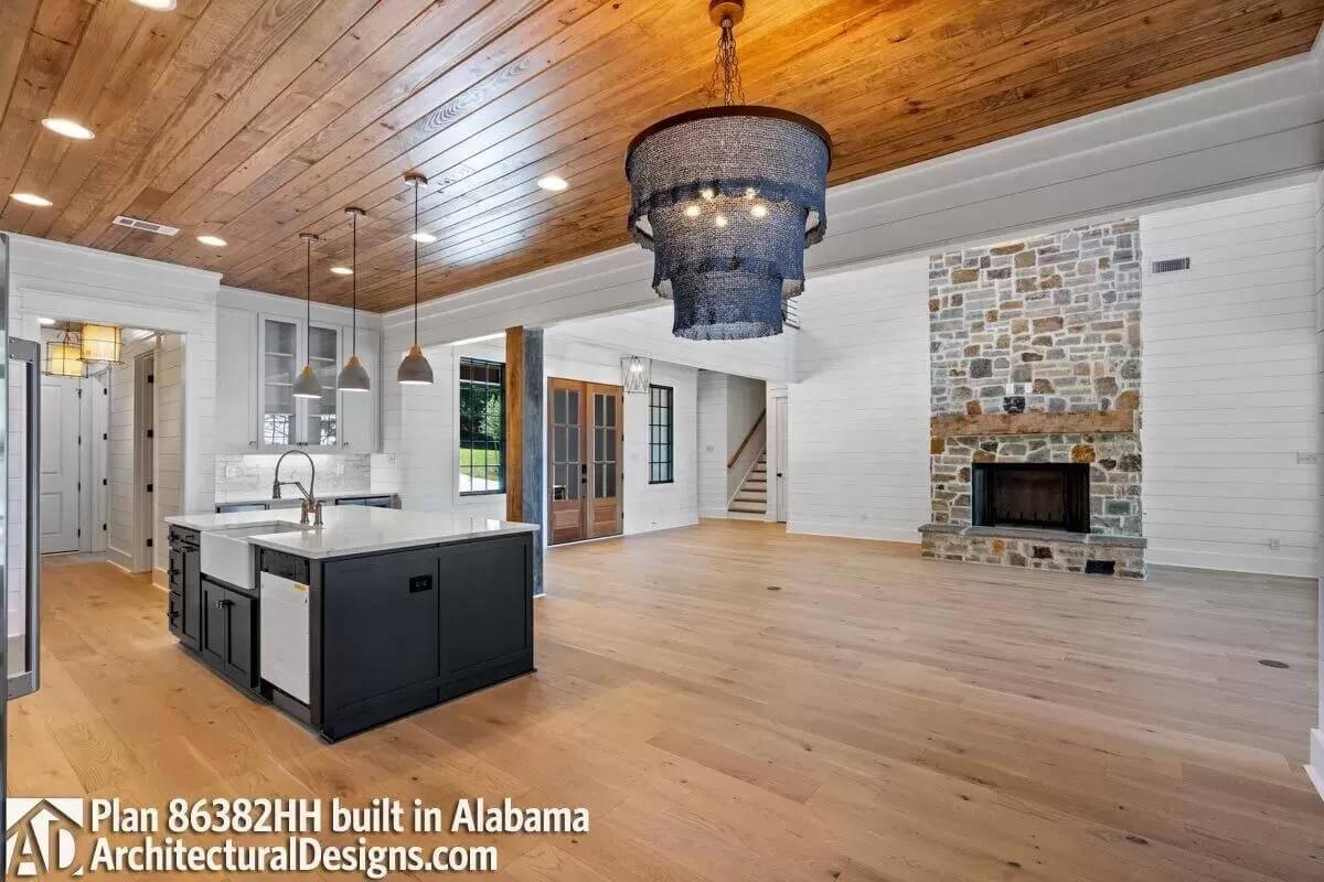 A Spacious Craftsman Interior with a Grand Stone Fireplace