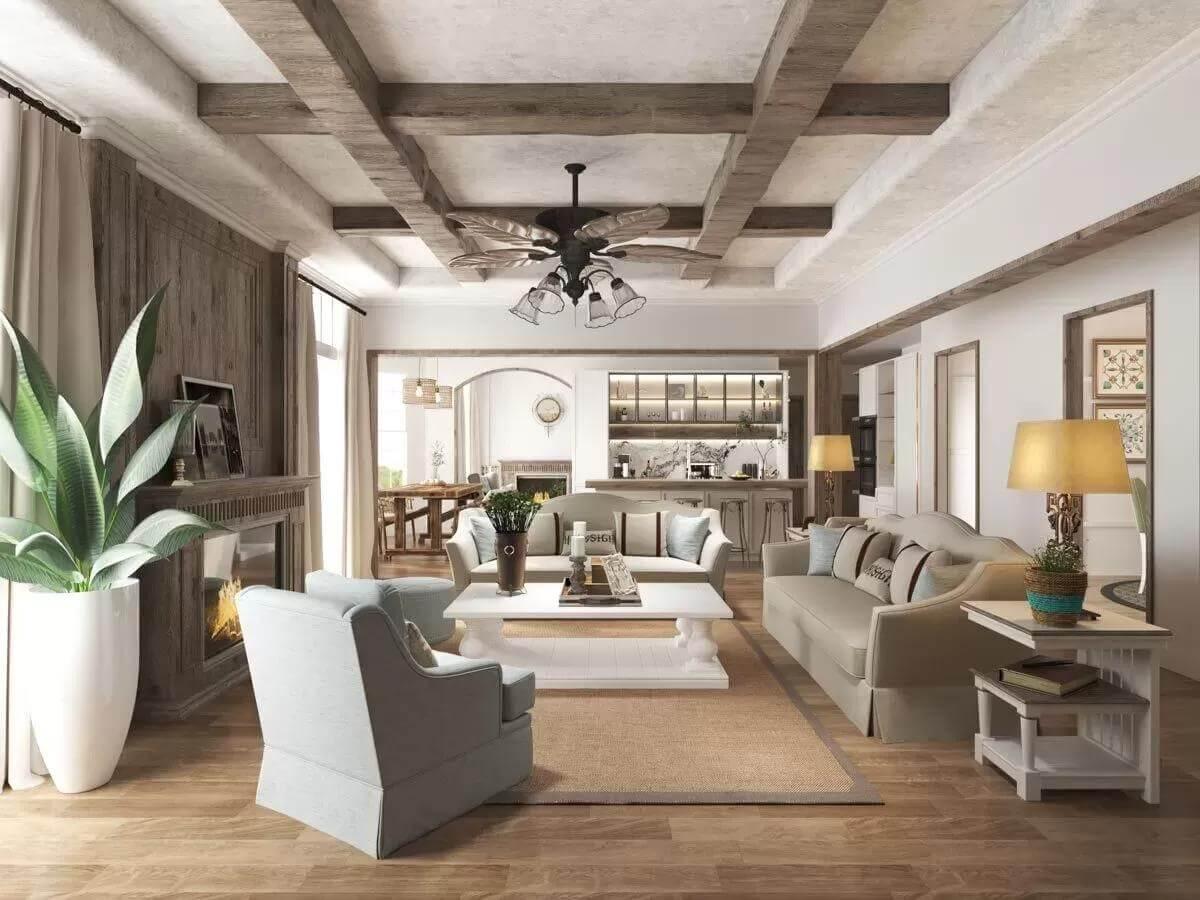 Rustic Living Room with Beamed Ceiling and Cozy Sitting Area