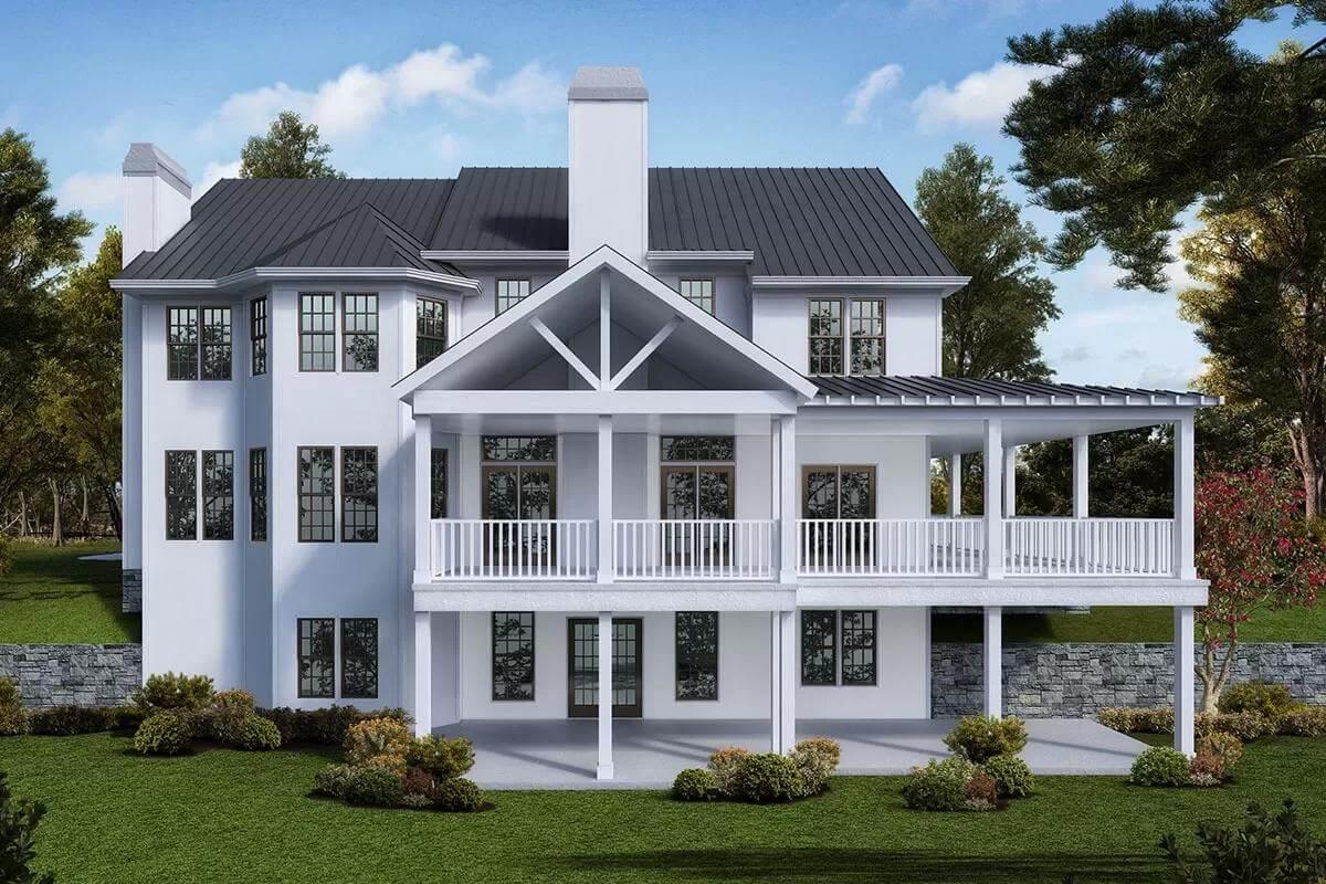 Rear View with Elegant Double Porches and Metal Roof