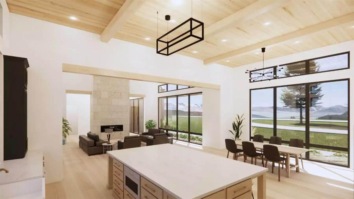 Open Living and Dining with Expansive Glass and Stone Fireplace