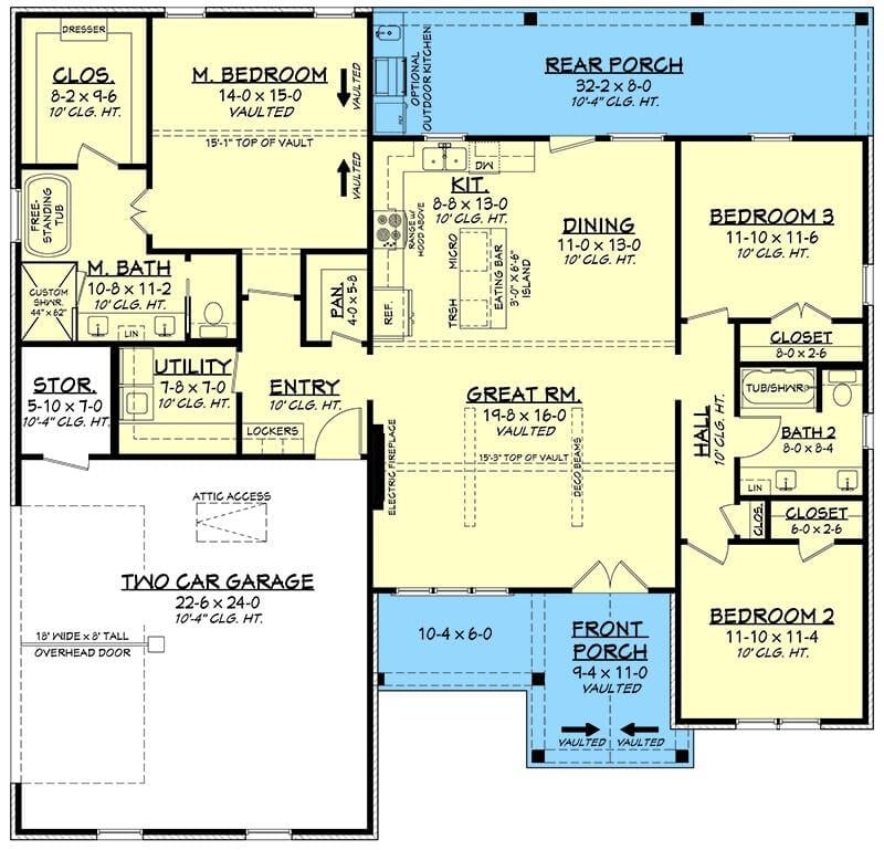 Craftsman Floor Plan Featuring Vaulted Ceilings and Spacious Rear Porch