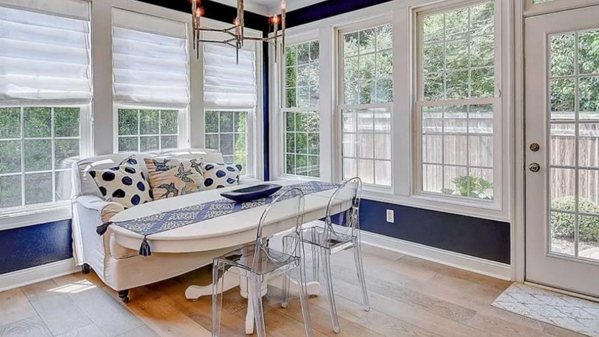 Sunny Breakfast Nook with Elegant Blue Accents
