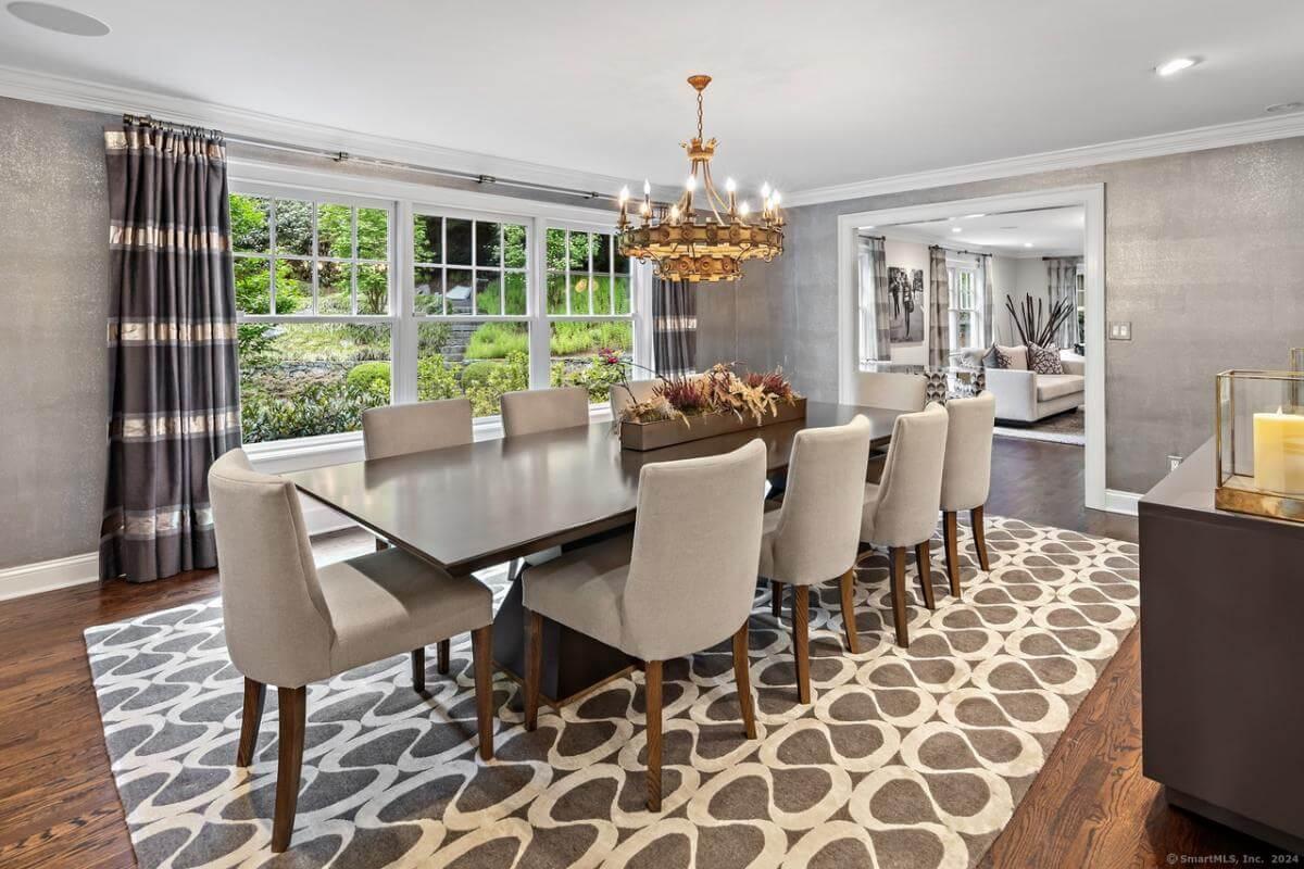 See How This Dining Room Combines a Dramatic Chandelier with a Garden View