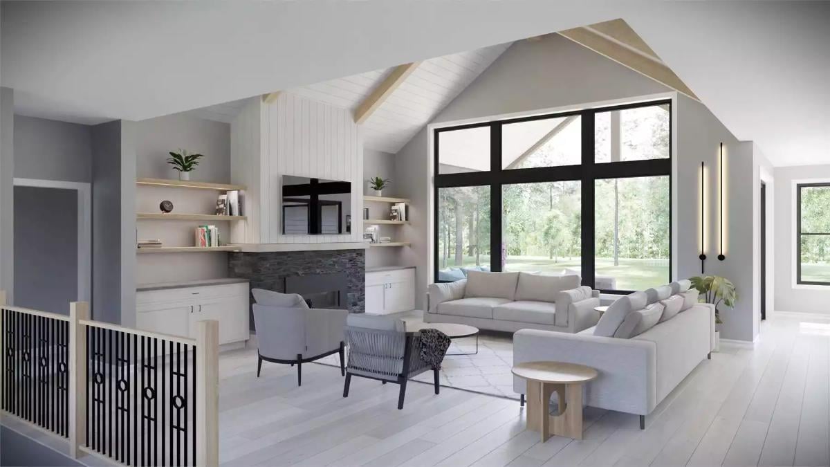 Modern Living Room with Expansive Windows and Vaulted Ceiling