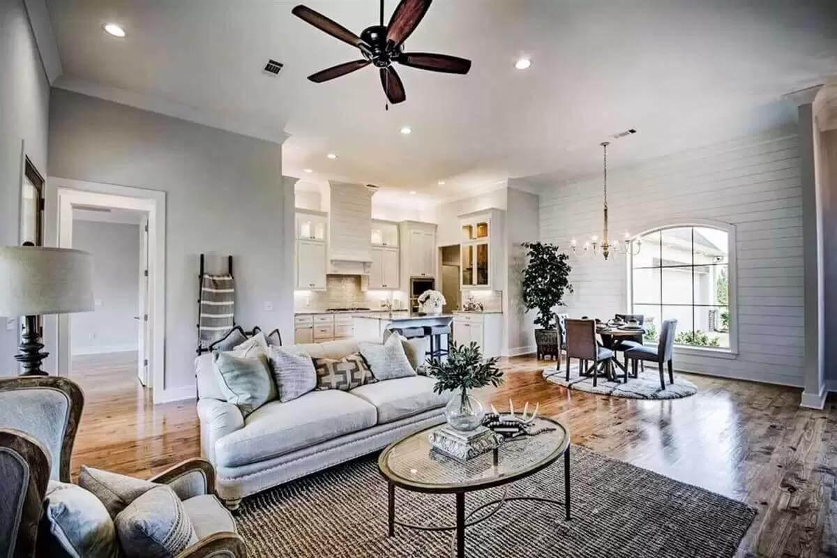 Open-Concept Living with Shiplap Walls and a Cozy Dining Nook