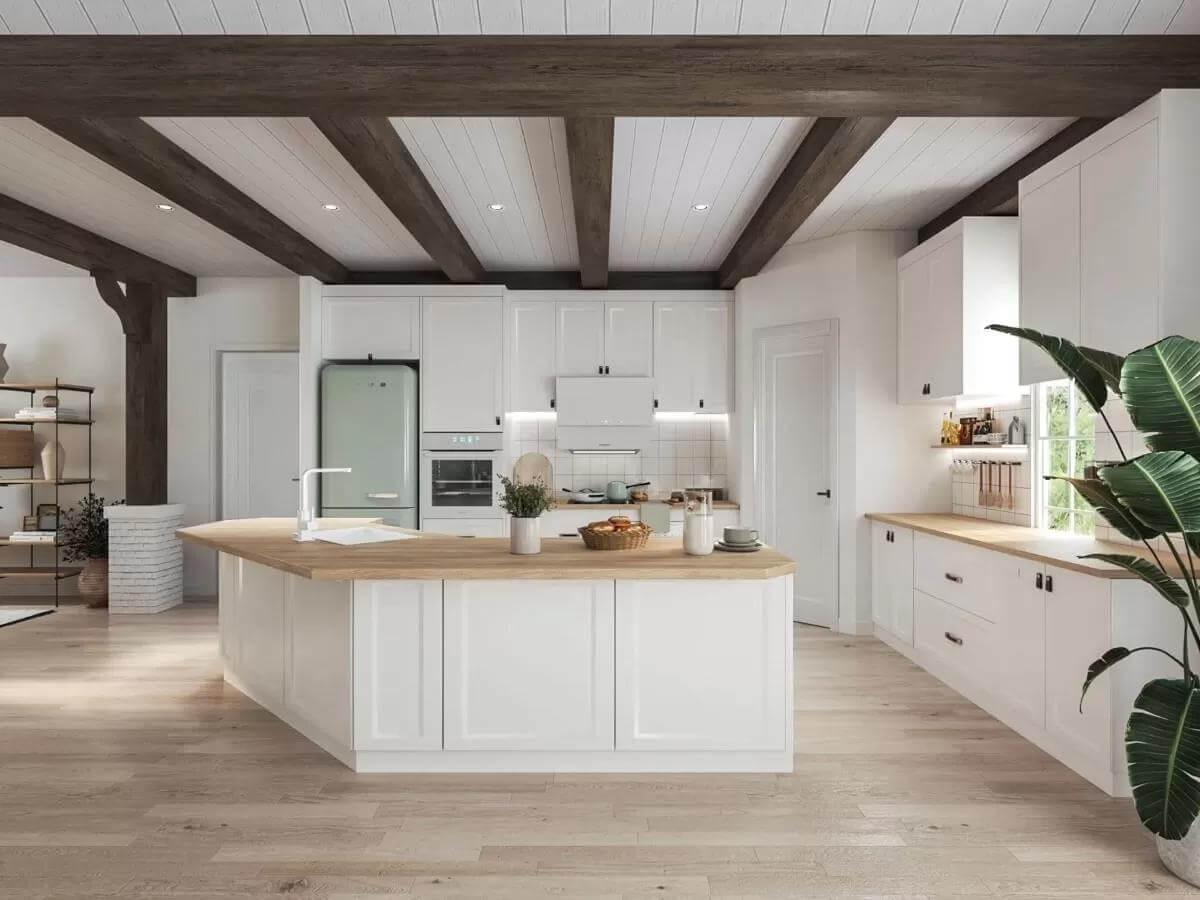 Spacious Kitchen with Wooden Beams and a Central Island