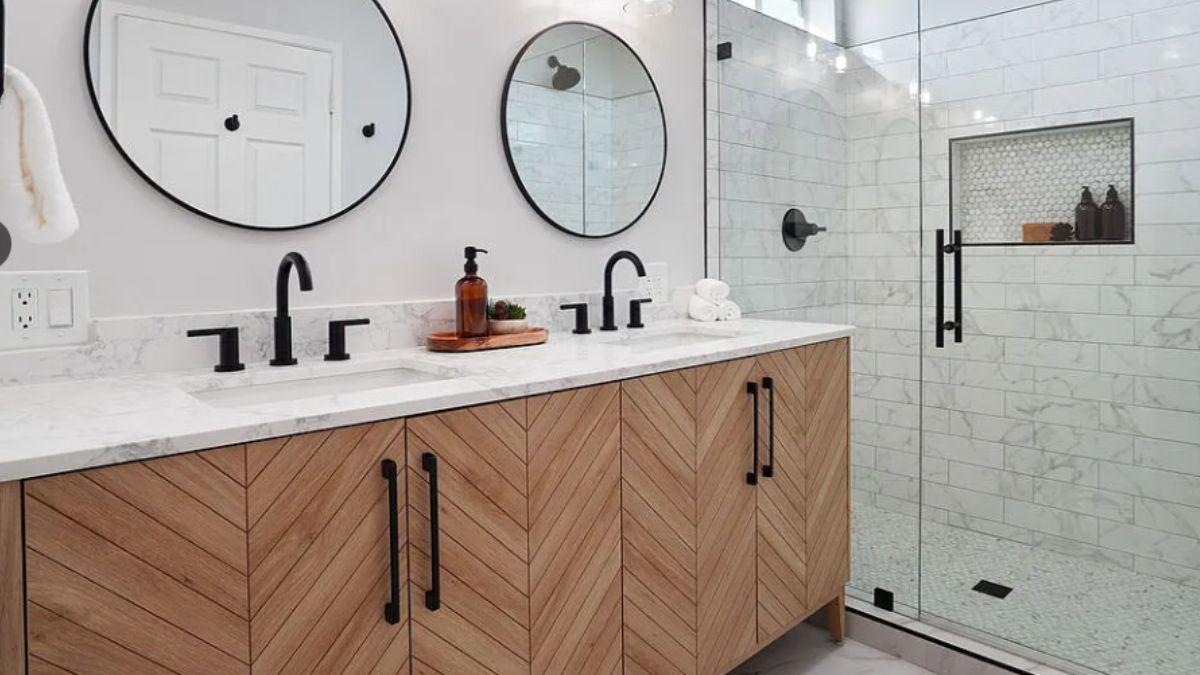 Check Out the Double Vanity with Chevron Detail in This Modern Bathroom