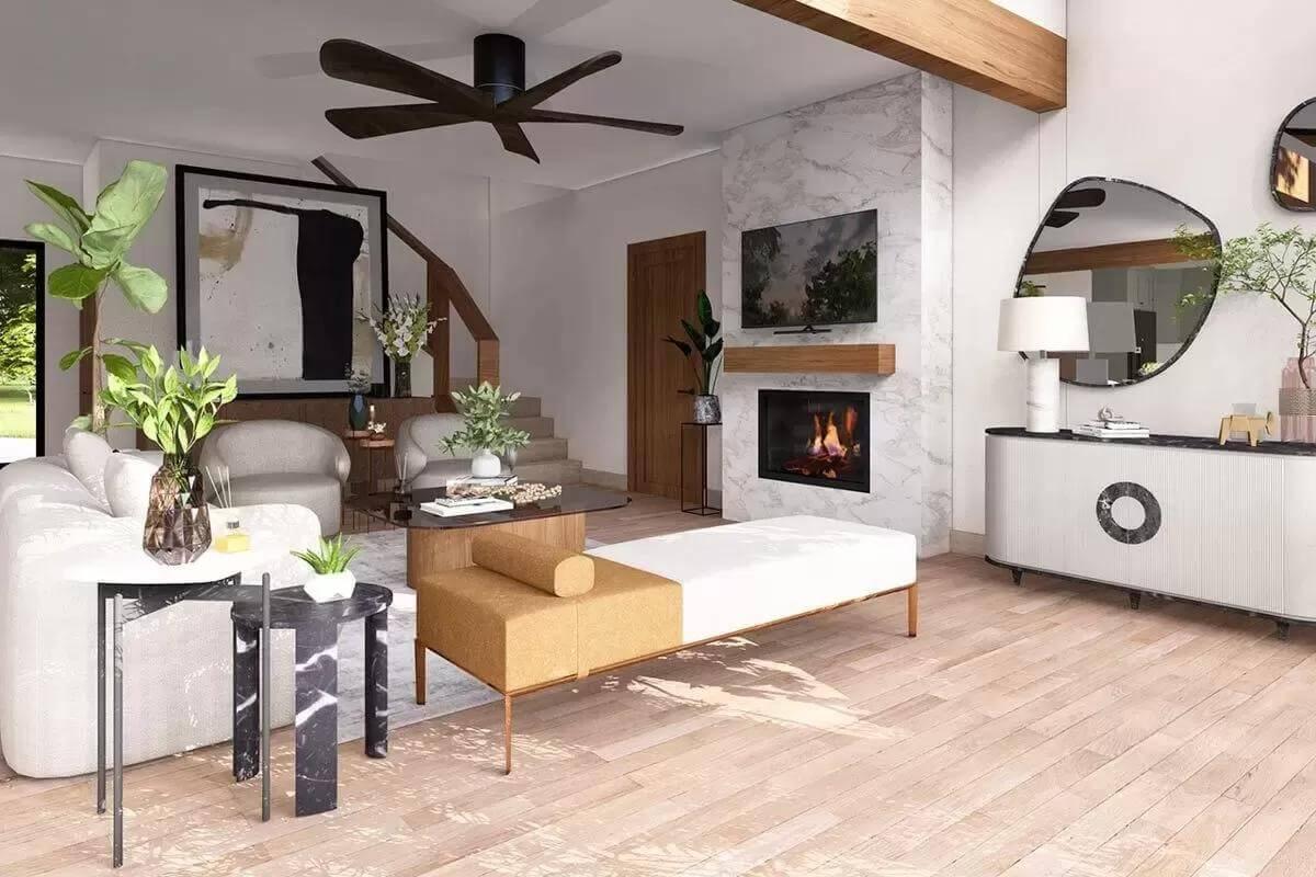 Check Out the Statement Art and Modern Fireplace in This Living Room