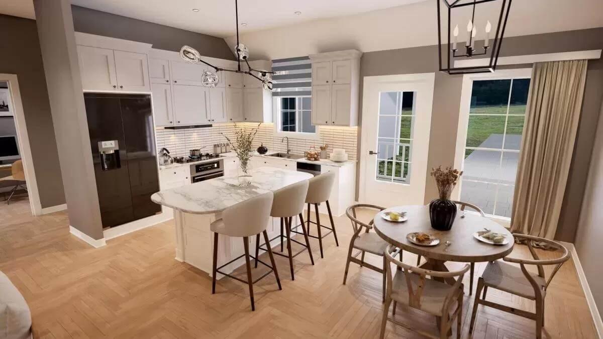 Check Out This Bright Kitchen with a Stunning Marble Island