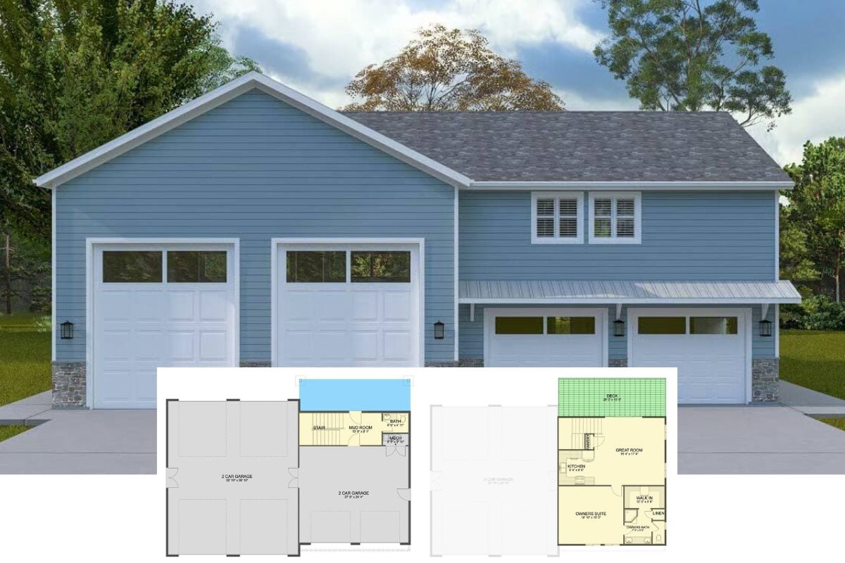 This carriage-style home presents a crisp, contemporary exterior with charming traditional elements. The blue horizontal siding is complemented by crisp white trim, enhancing its neat, symmetrical design. Dual rooflines and stone accents at the base of the façade lend depth and character, while four separate garage bays—two of them taller for oversized vehicles or recreational storage—highlight its functionality and versatility.